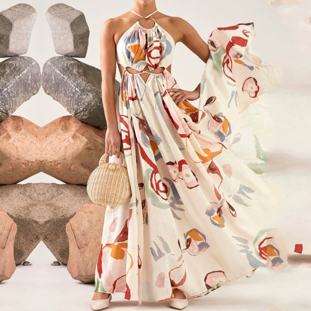 ZARA Sexy Printed Spaghetti Strap Bodycon Flared Maxi Spring Summer Beach Dress